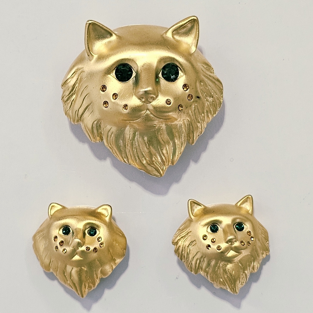 Vintage Bob Mackie Gold Cat Scarf Clip/Pendant and Earring Set